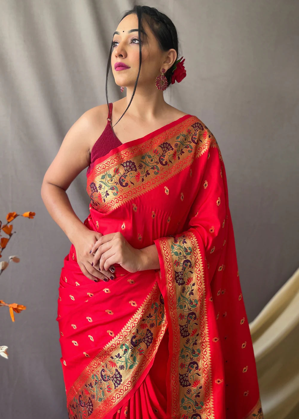 CHERRY RED  Woven Paithani Silk Saree