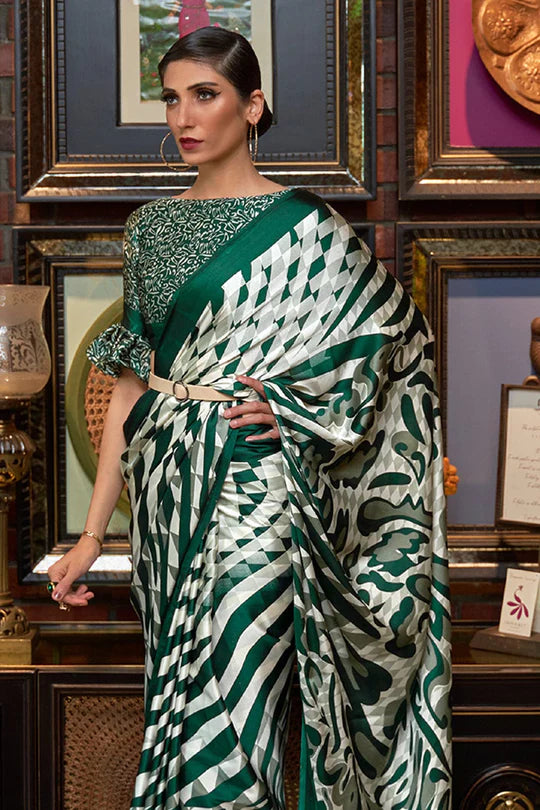 Green Satin Silk Printed Saree