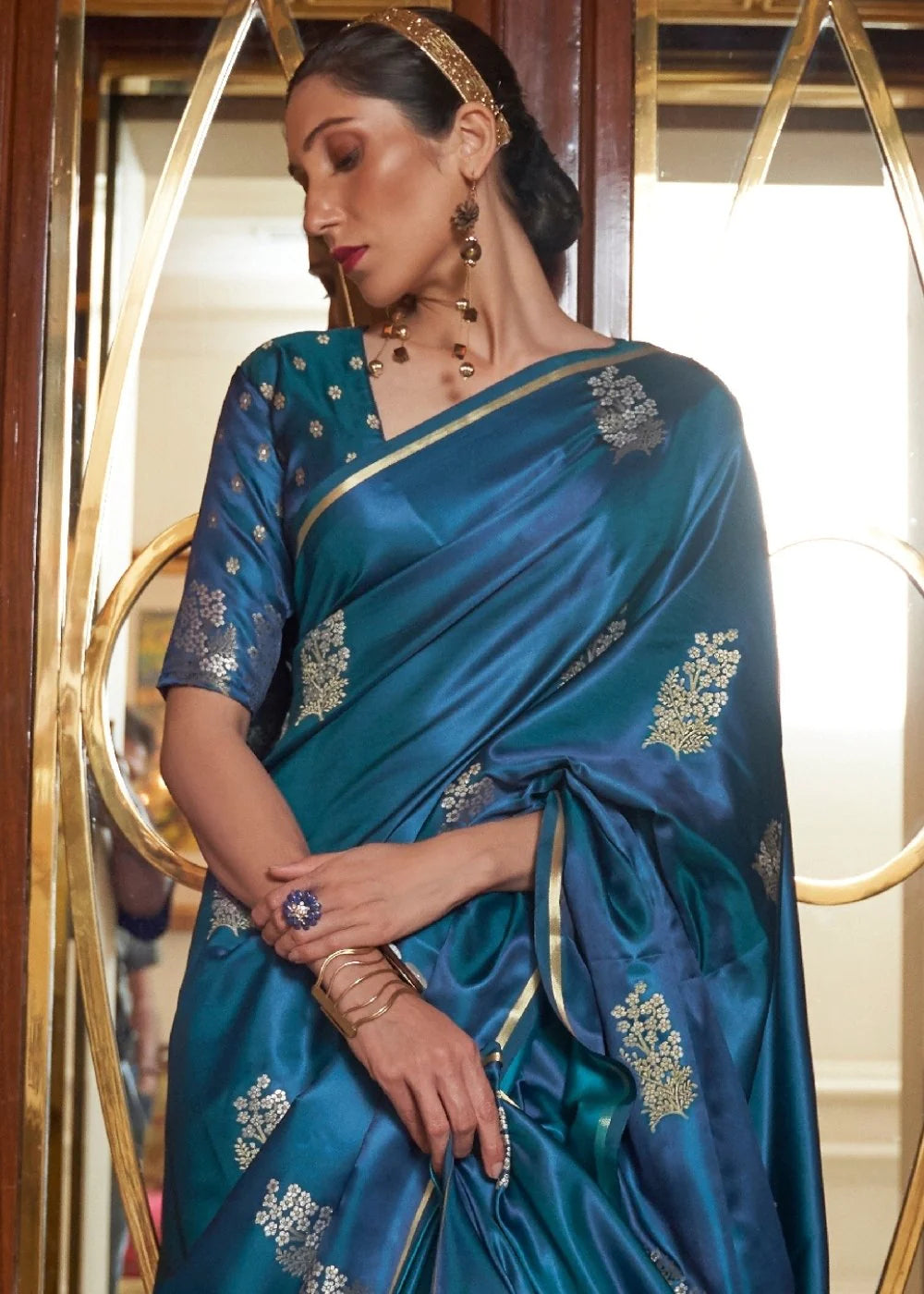 CADET BLUE DESIGNER Banarasi SATIN SILK SAREE