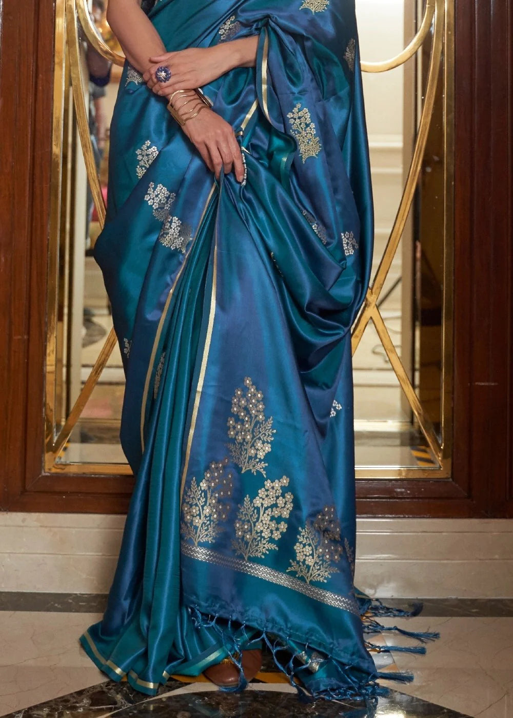 CADET BLUE DESIGNER Banarasi SATIN SILK SAREE