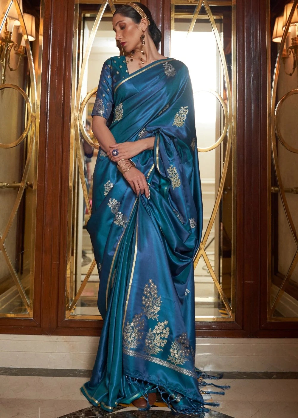 CADET BLUE DESIGNER Banarasi SATIN SILK SAREE