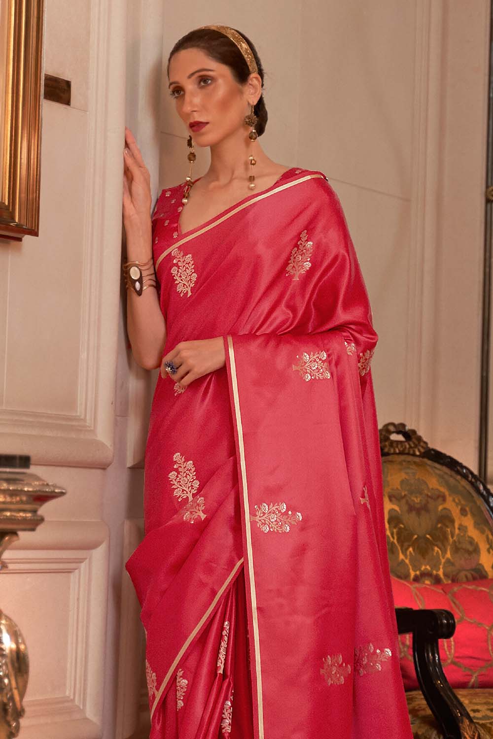 FIERY PINK DESIGNER Banarasi SATIN SILK SAREE