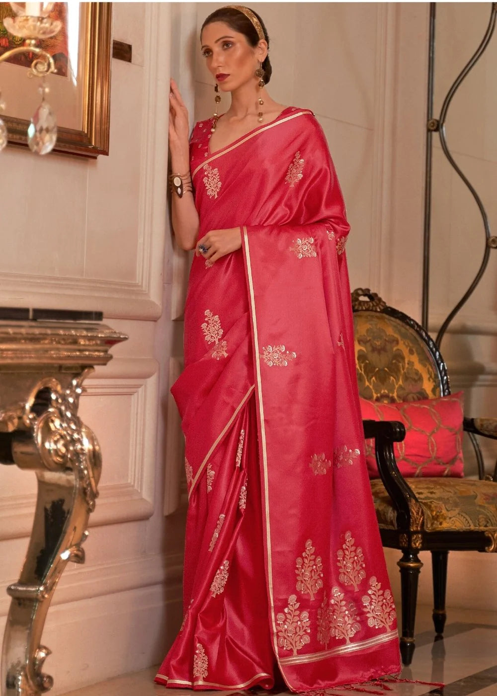 FIERY PINK DESIGNER Banarasi SATIN SILK SAREE