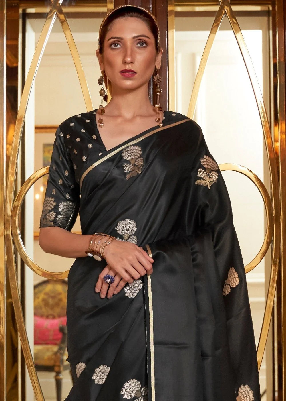 GREASE BLACK DESIGNER Banarasi SATIN SILK SAREE