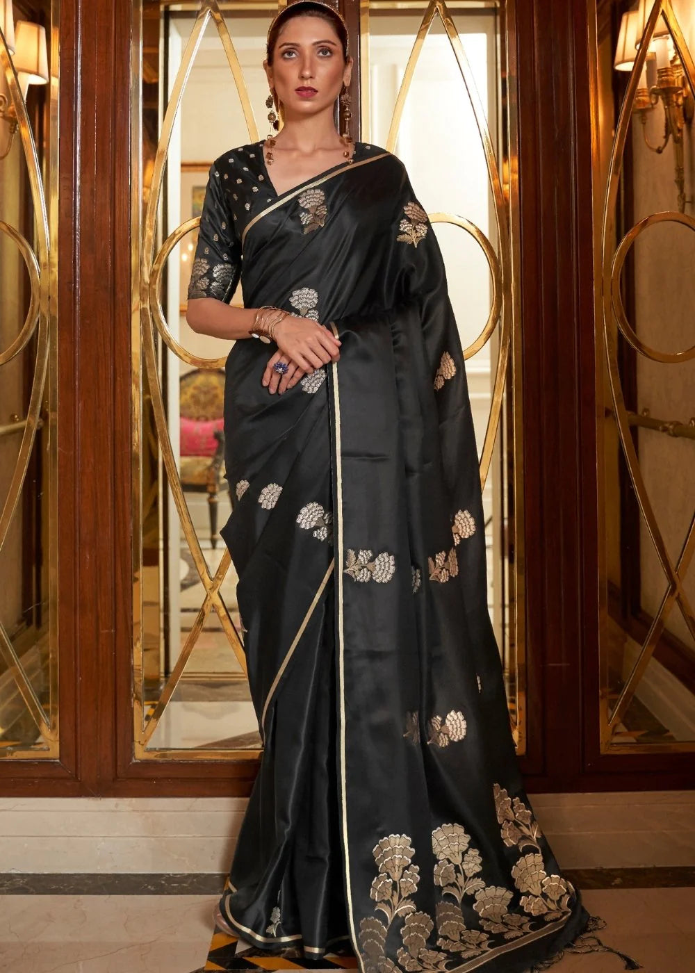 GREASE BLACK DESIGNER Banarasi SATIN SILK SAREE