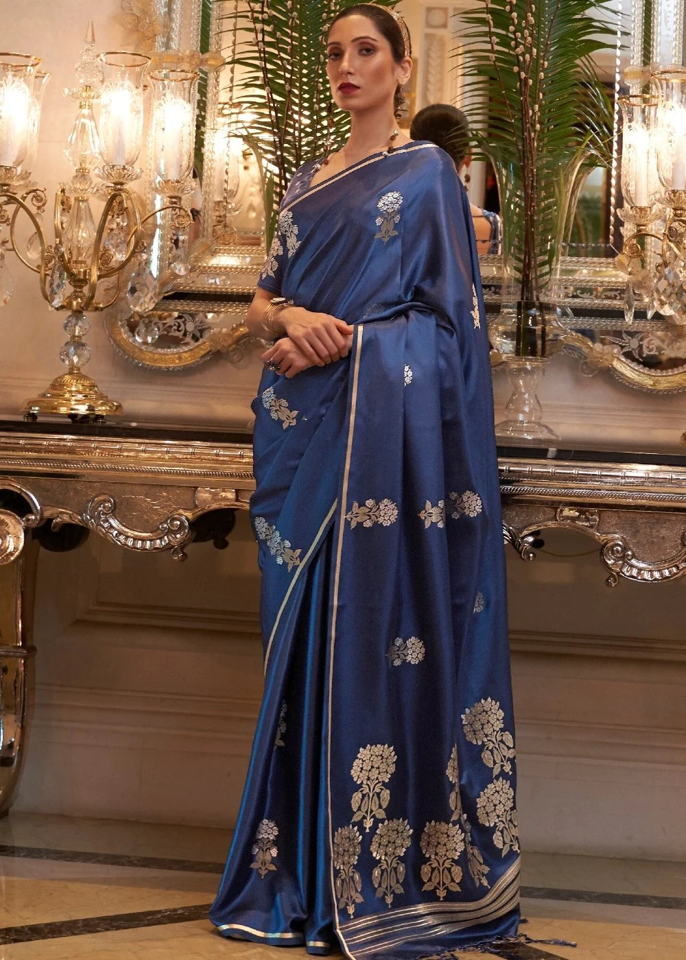 ROYAL BLUE DESIGNER Banarasi SATIN SILK SAREE