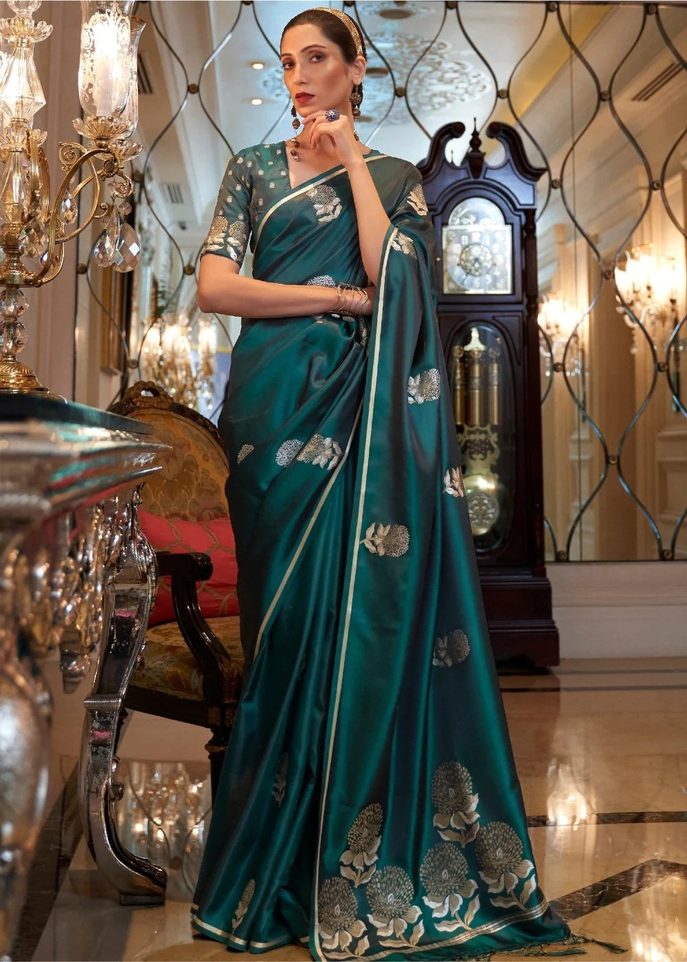 SHAMROCK GREEN DESIGNER Banarasi SATIN SILK SAREE