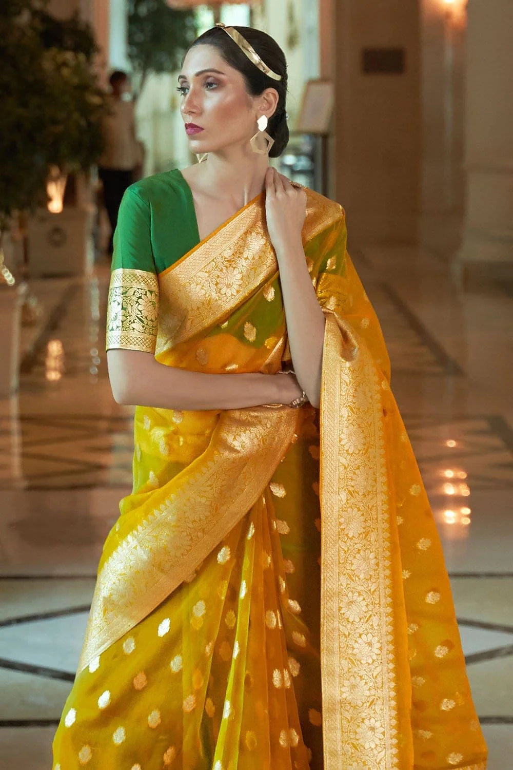 AUREOLIN YELLOW ZARI WOVEN ORGANZA SILK SAREE