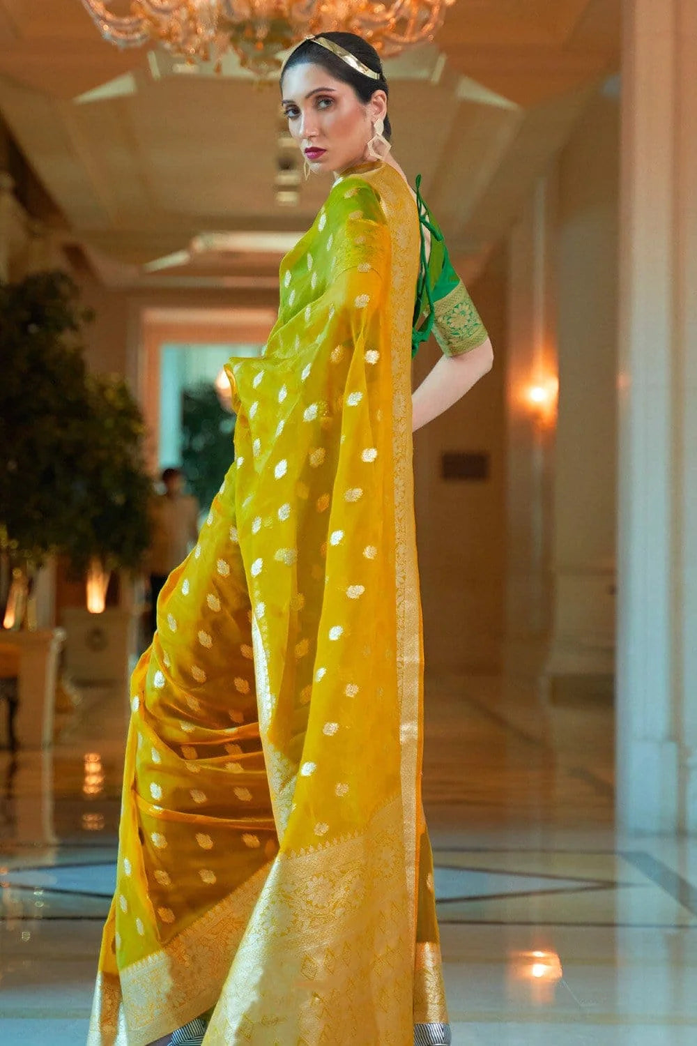 AUREOLIN YELLOW ZARI WOVEN ORGANZA SILK SAREE