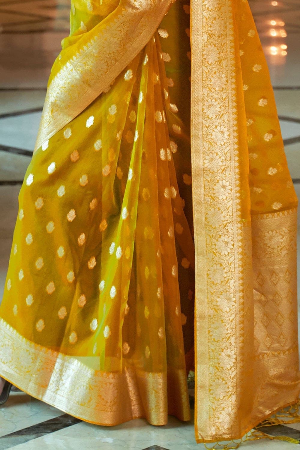 AUREOLIN YELLOW ZARI WOVEN ORGANZA SILK SAREE