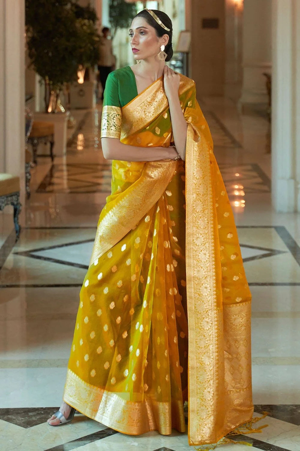 AUREOLIN YELLOW ZARI WOVEN ORGANZA SILK SAREE