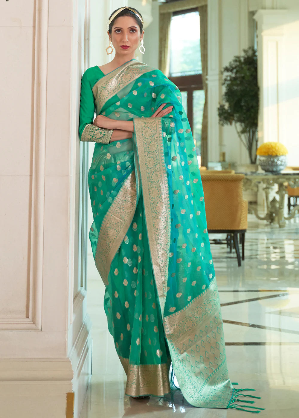 PASTEL GREEN ZARI WOVEN ORGANZA SILK SAREE