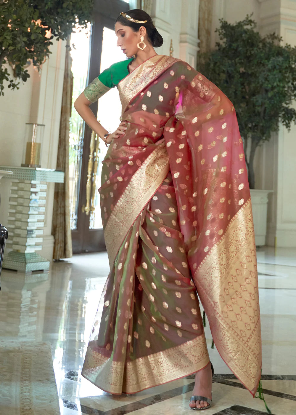 BEIGE BROWN GREEN ZARI WOVEN ORGANZA SILK SAREE