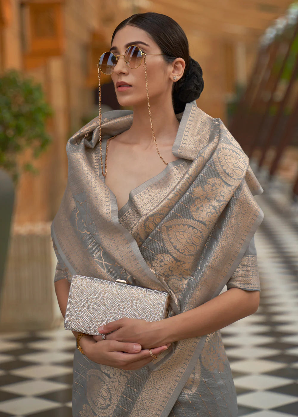 FOSSIL GREY ZARI WOVEN SILK SAREE WITH SEQUINS WORK