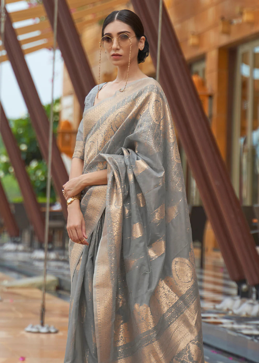 FOSSIL GREY ZARI WOVEN SILK SAREE WITH SEQUINS WORK