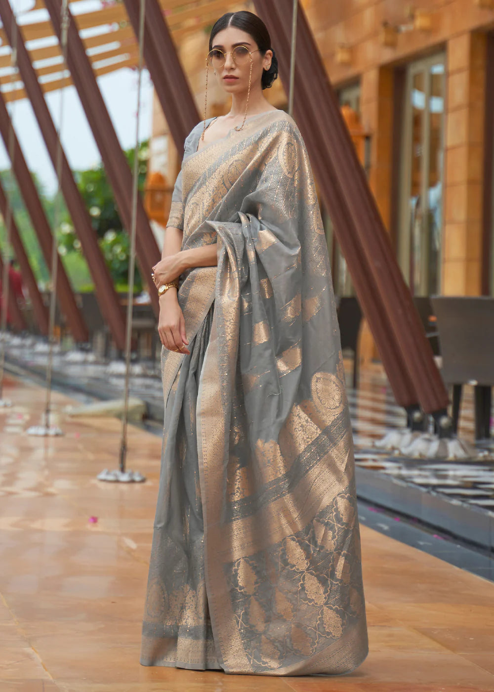 FOSSIL GREY ZARI WOVEN SILK SAREE WITH SEQUINS WORK