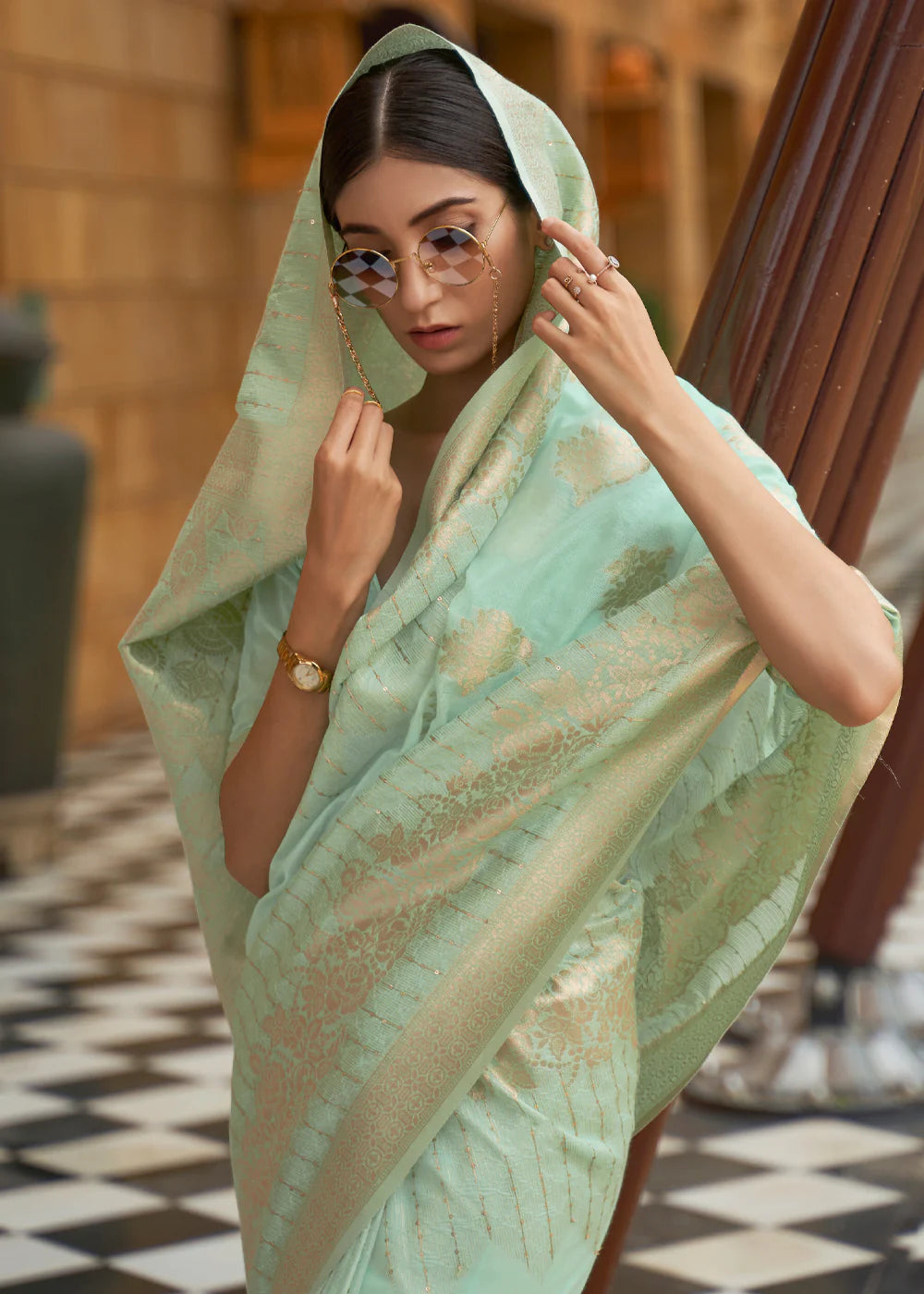 PISTACHIO GREEN ZARI WOVEN SILK SAREE WITH SEQUINS WORK