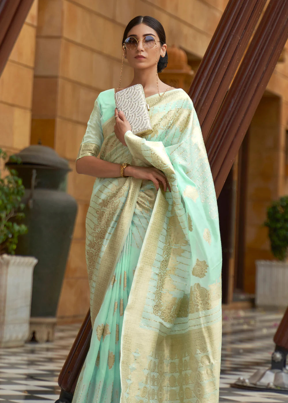 PISTACHIO GREEN ZARI WOVEN SILK SAREE WITH SEQUINS WORK