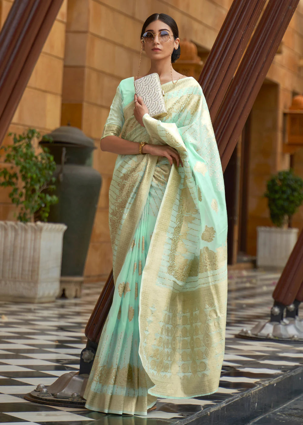 PISTACHIO GREEN ZARI WOVEN SILK SAREE WITH SEQUINS WORK