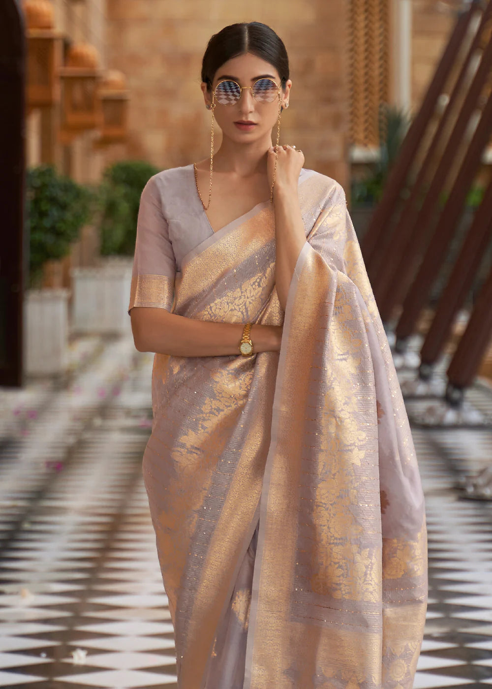 PALE Lavender colour ZARI WOVEN SILK SAREE WITH SEQUINS WORK