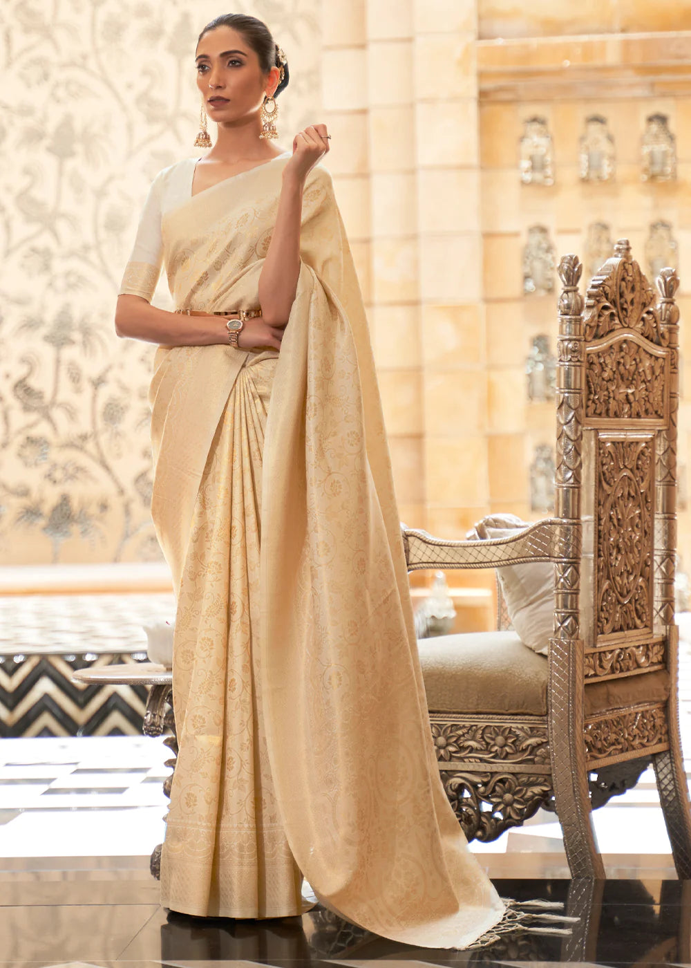 ALMOND Ivory Kanjivaram Silk Saree