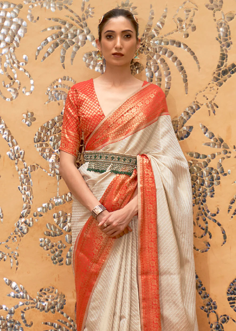 DAISY WHITE & RED ZARI WOVEN Banarasi SILK SAREE