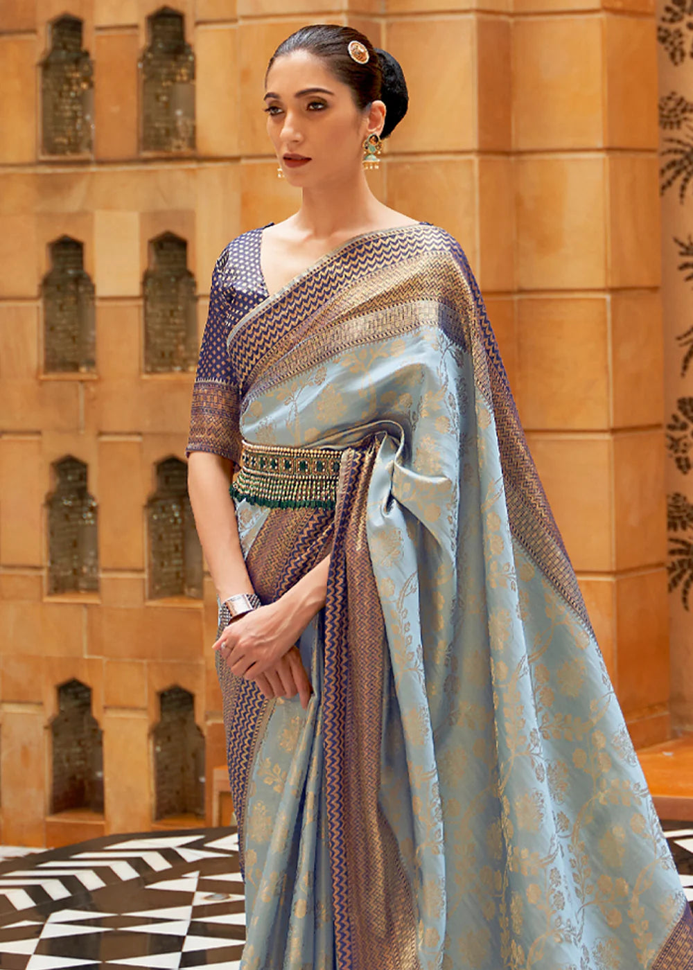 STONE BLUE ZARI WOVEN Banarasi SILK SAREE