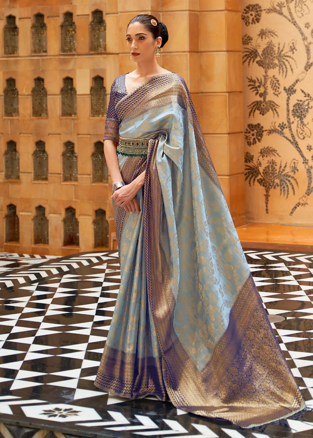 STONE BLUE ZARI WOVEN Banarasi SILK SAREE