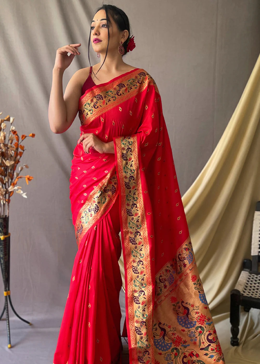 CHERRY RED  Woven Paithani Silk Saree