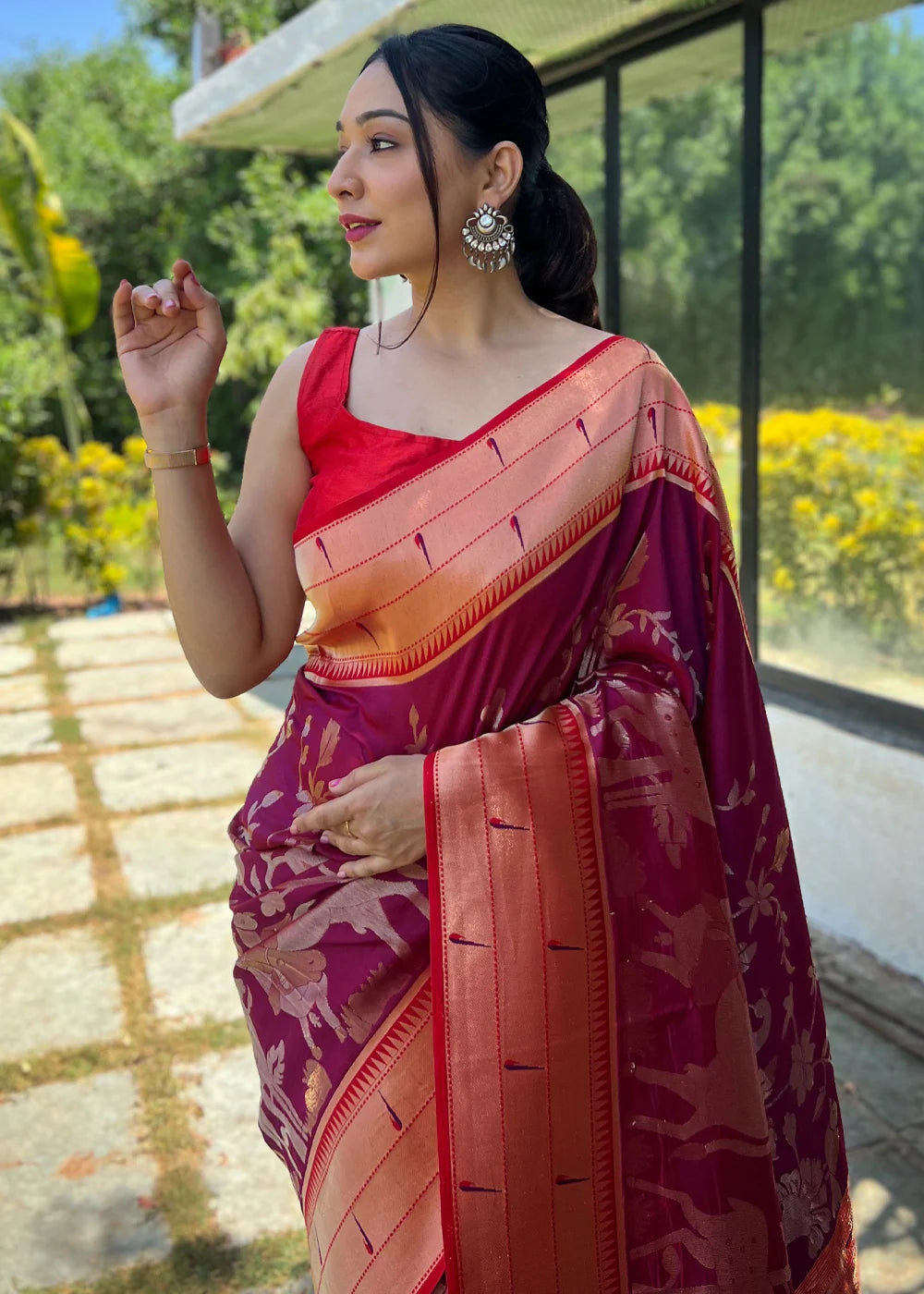 DARK WAINE Woven Paithani Silk Saree