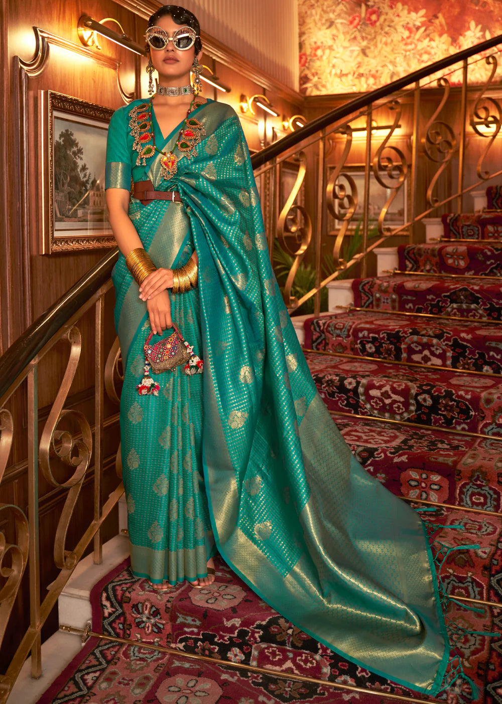 OCEAN GREEN  WOVEN BANARASI SILK SAREE