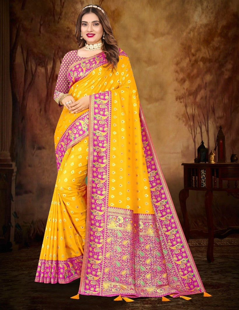 AUREOLIN YELLOW & PINK HANDLOOM WEAVE KANJIVARAM SILK SAREE