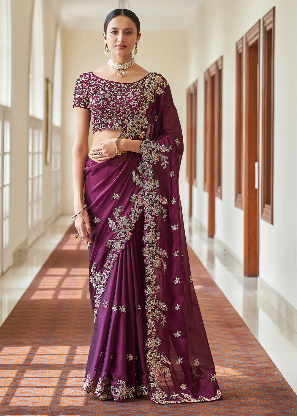 PURPLE CRAPE DORI, RESHAM,CUT-WORK Designer Saree