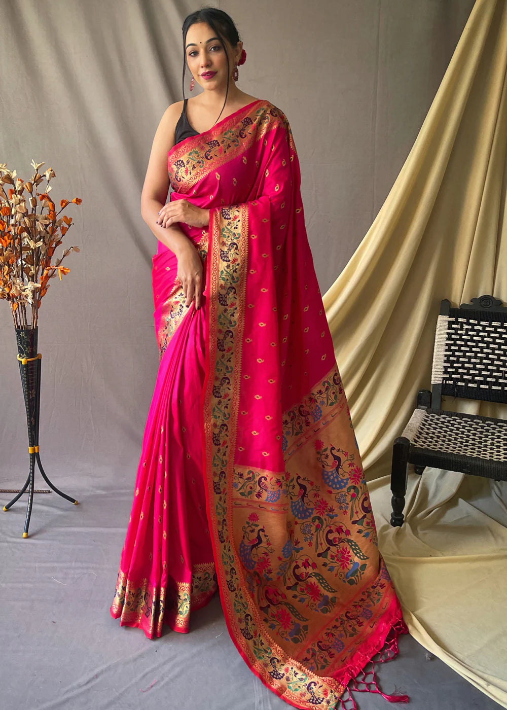 CORAL Pink Woven Paithani Silk Saree