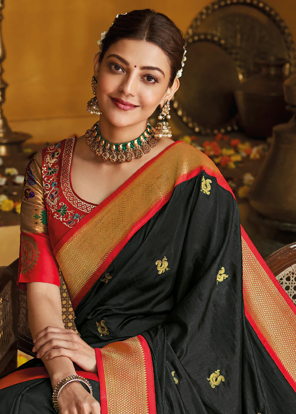 SHOOTING BLACK GOLD ZARI WOVEN PAITHANI SILK SAREE WITH DESIGNER BLOUSE