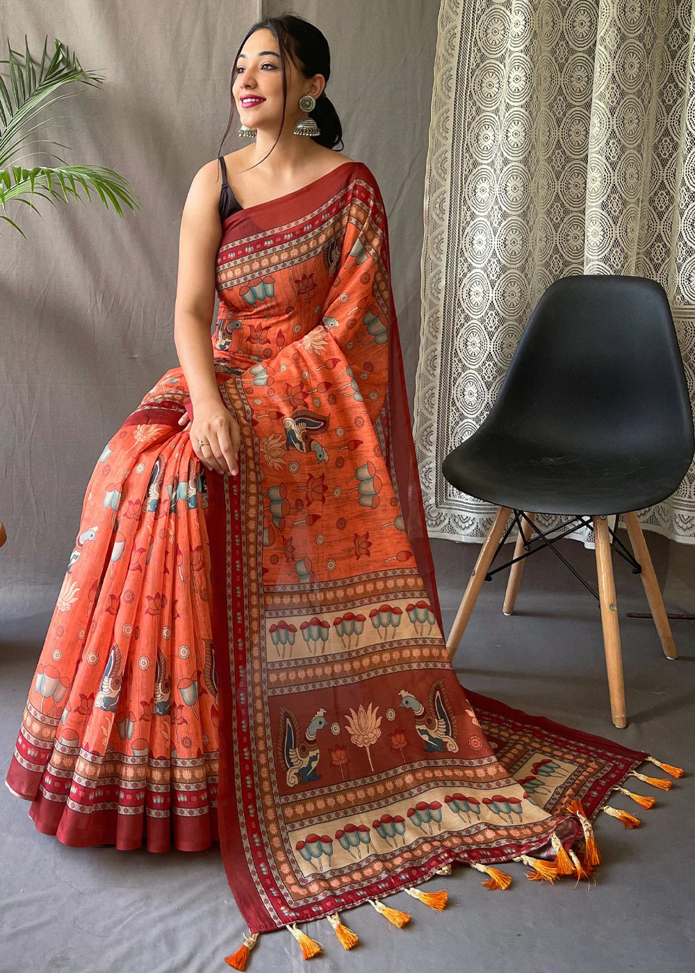 Orange kalamkari Printed Cotton Silk Saree