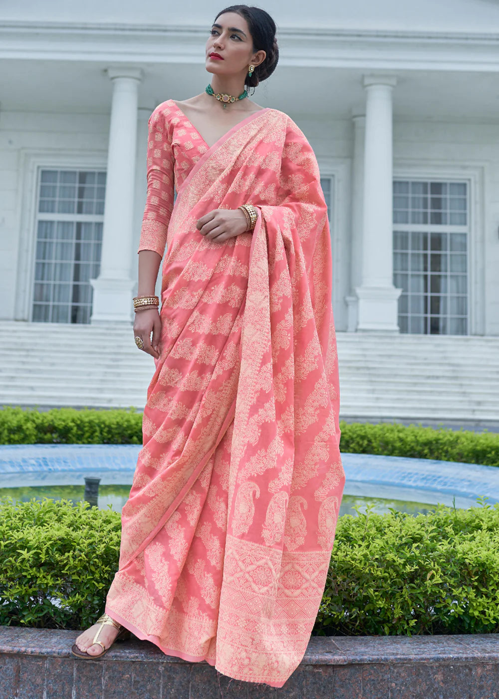 Blossoming Charm Pink Lucknowi Chikankari Cotton Saree