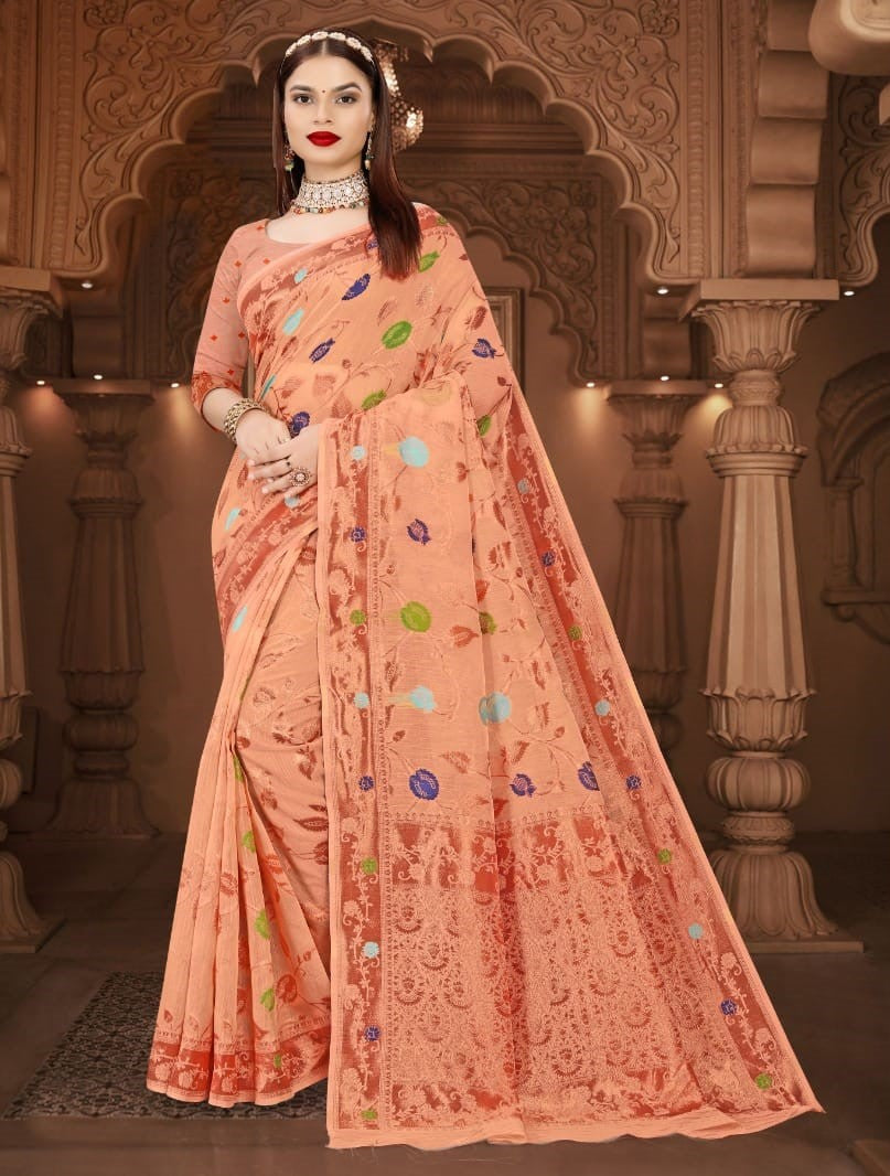 PEACH COTTON BANARASI SILK WITH COPPER ZARI WEAVING SAREE