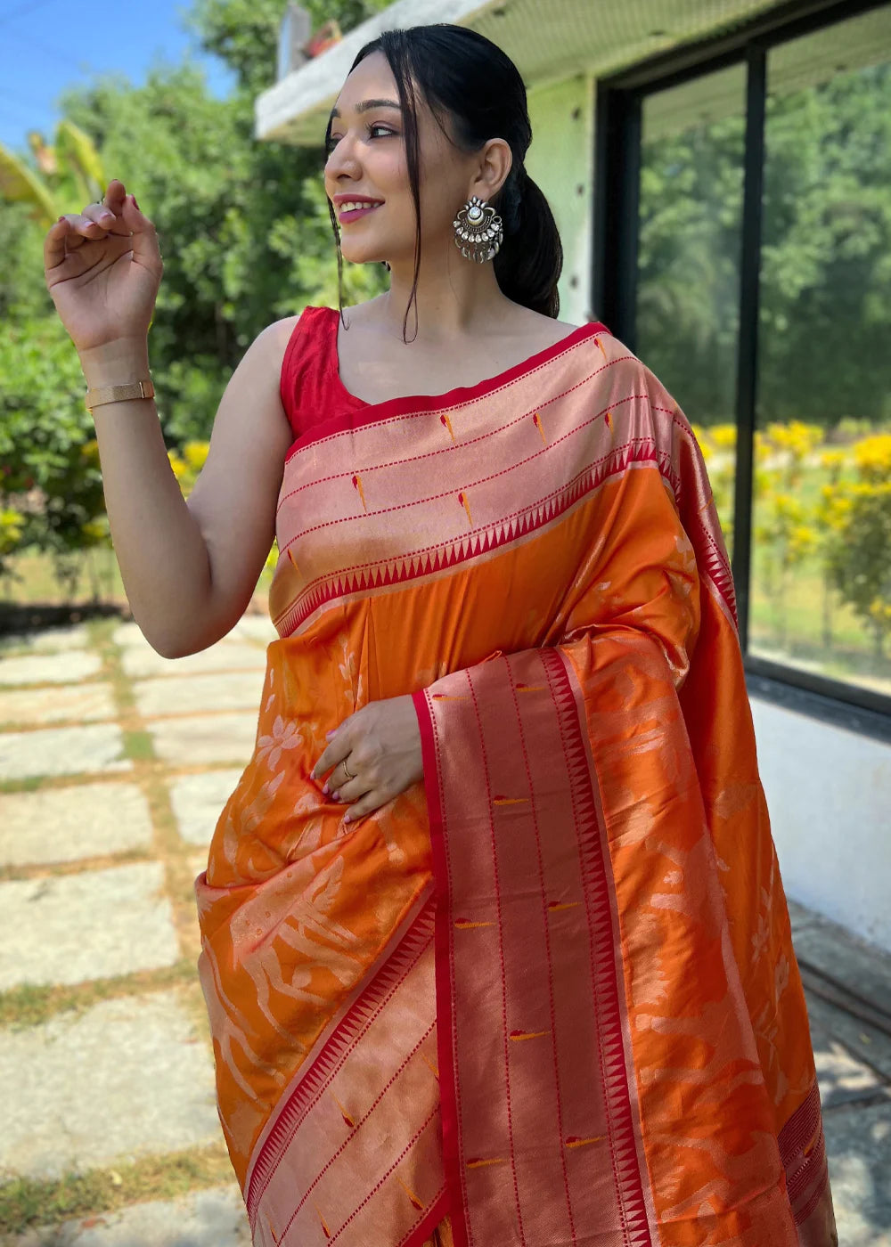 ORANGE Woven Paithani Silk Saree