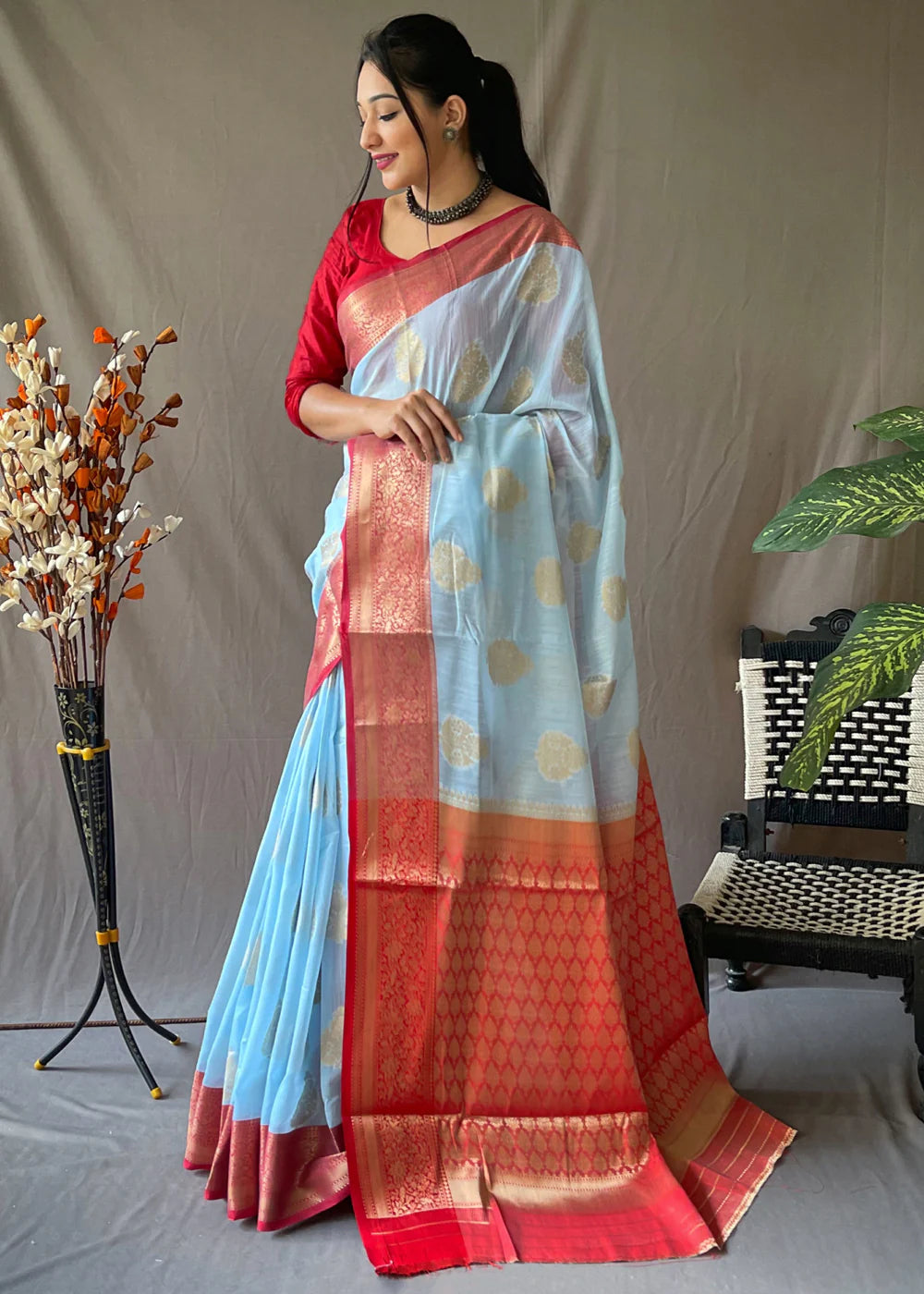 POWDER BLUE Linen  Banarasi Silk Saree