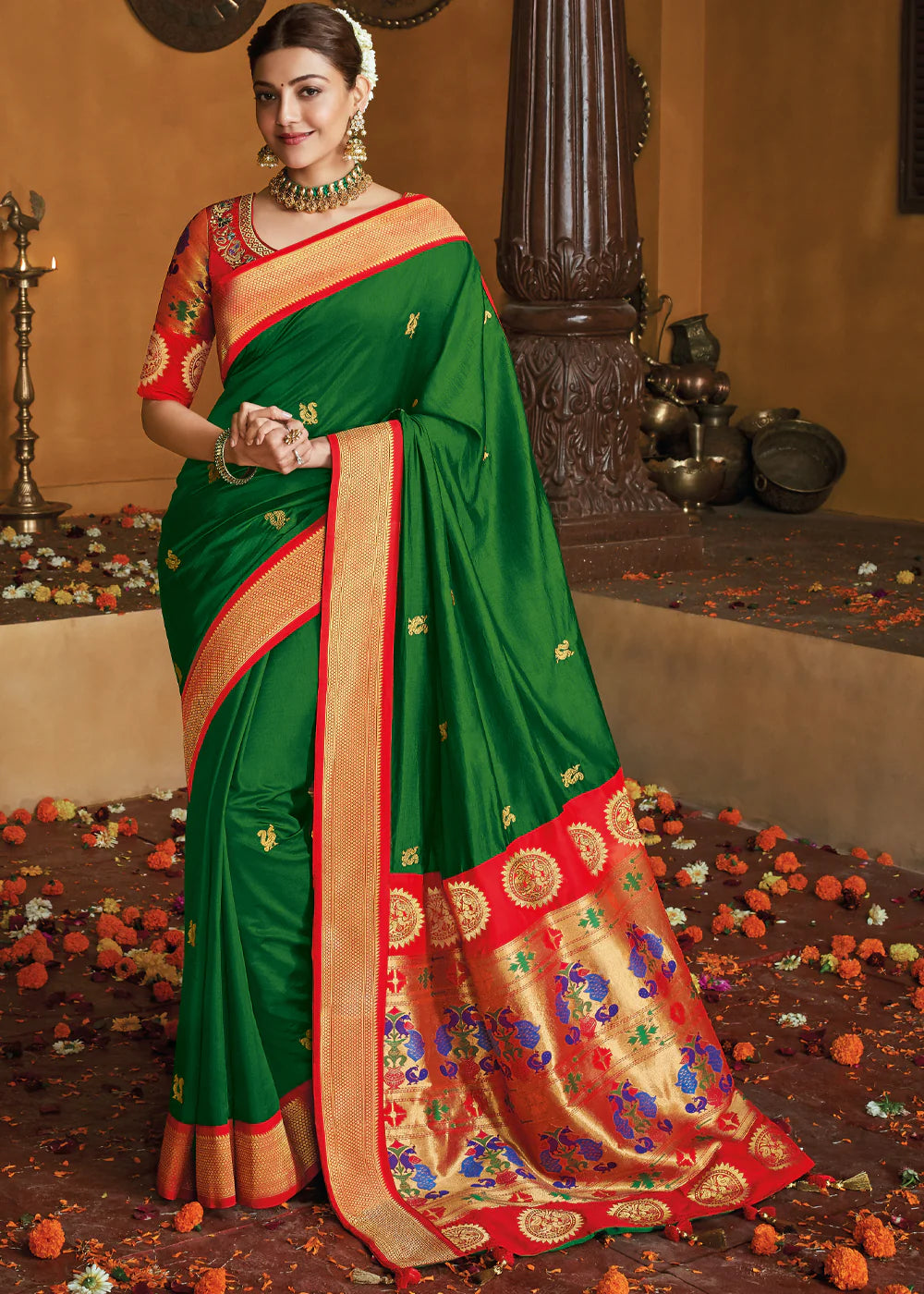 GREEN GOLD ZARI WOVEN PAITHANI SILK SAREE WITH DESIGNER BLOUSE