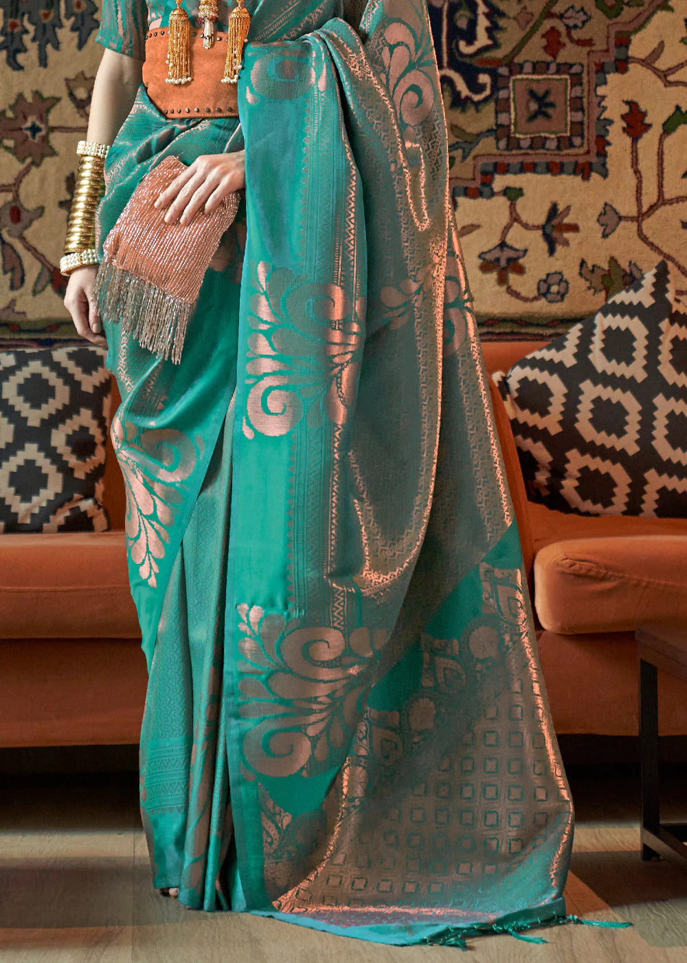 TIFFANY GREEN COPPER ZARI HANDLOOM WEAVING SILK SAREE