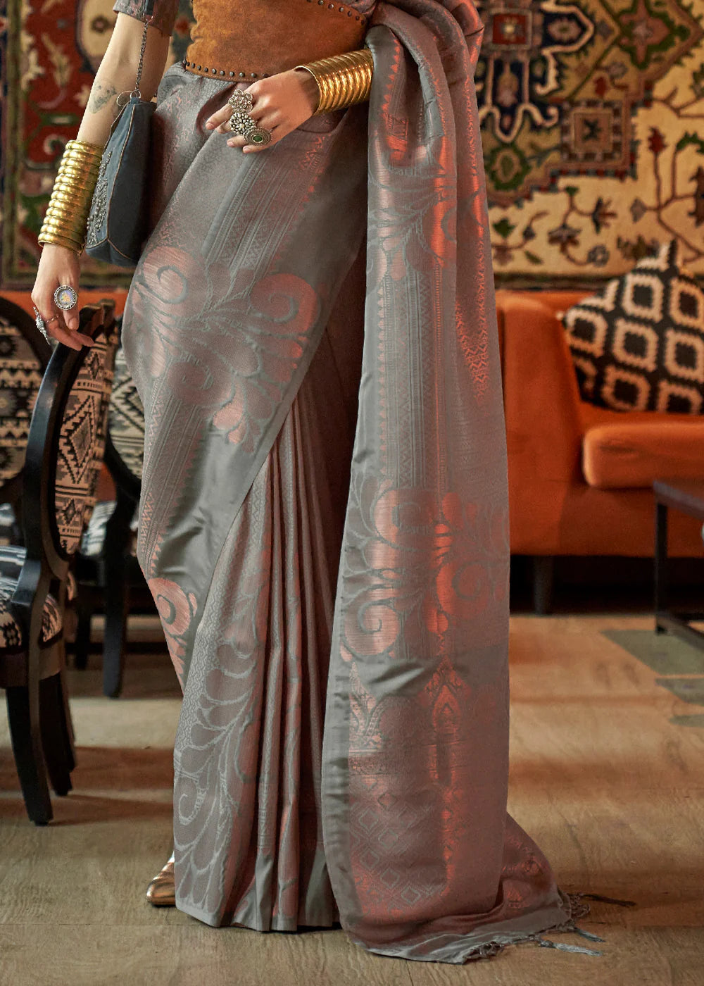 ASH GREY COPPER ZARI HANDLOOM WEAVING SILK SAREE