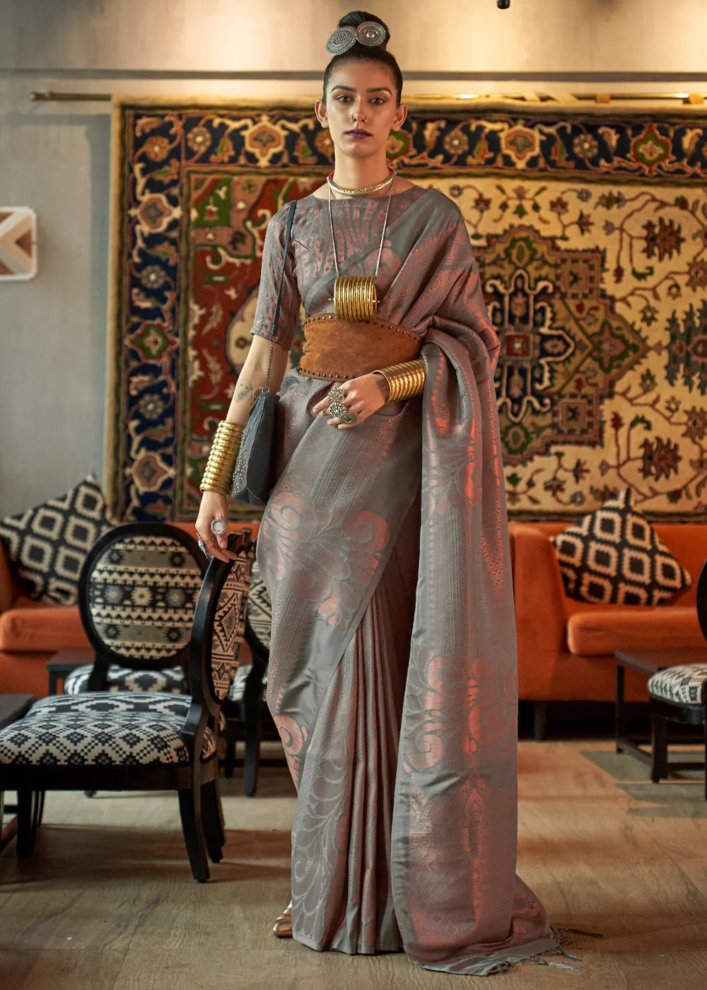 ASH GREY COPPER ZARI HANDLOOM WEAVING SILK SAREE