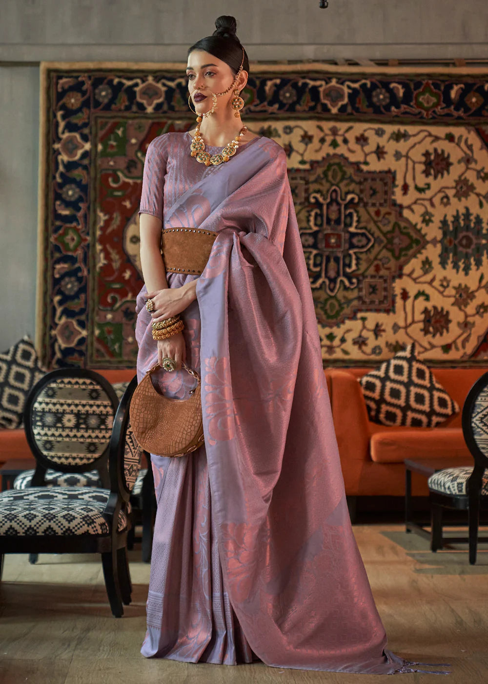 Lavender GREY COPPER ZARI HANDLOOM WEAVING SILK SAREE