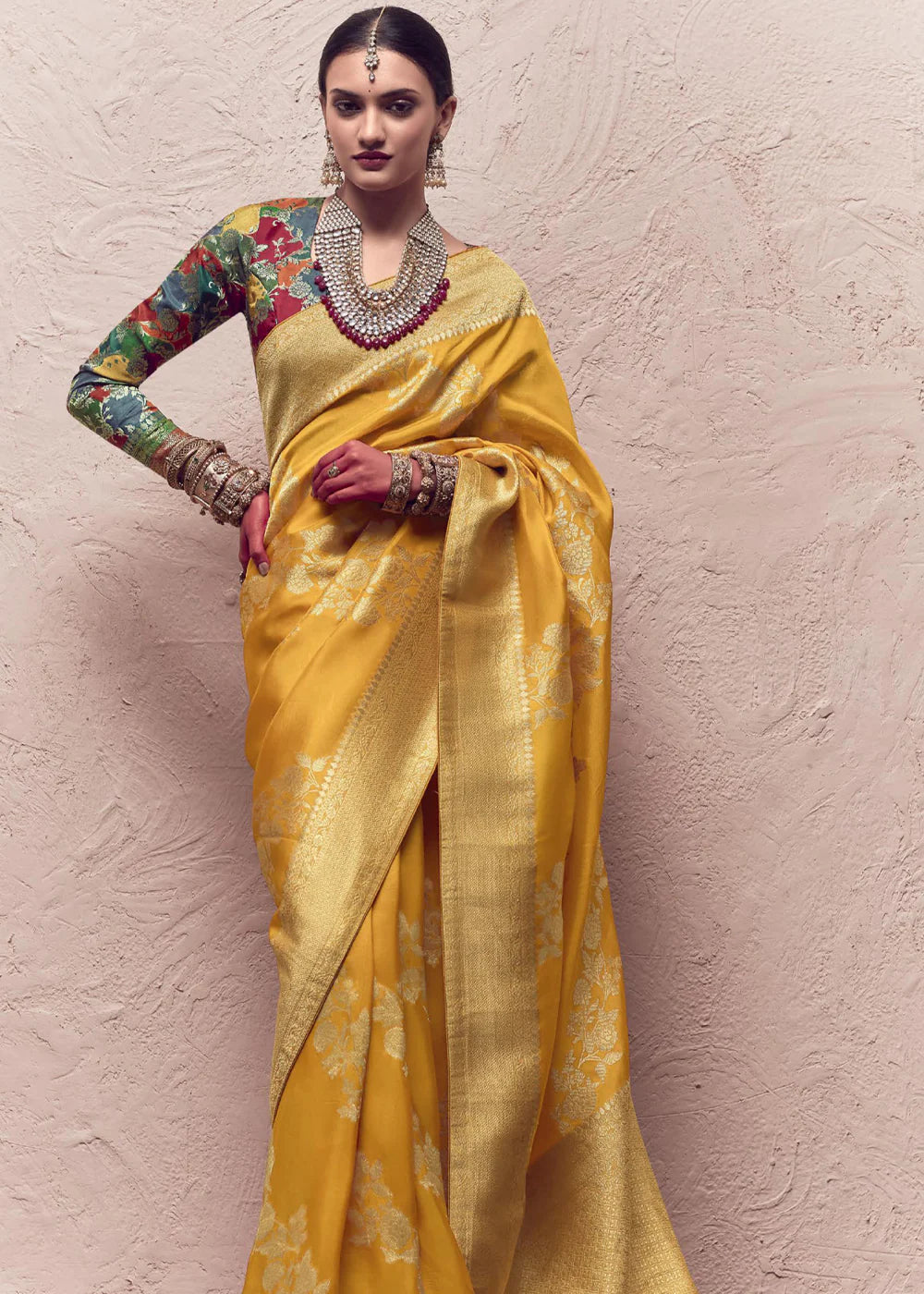 Marigold Yellow ZARI WOVEN DOLA SILK SAREE WITH ZARI WOVEN BLOUSE