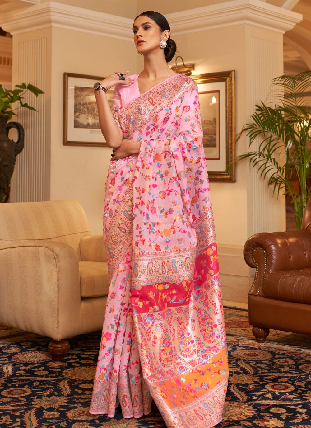 Opulent Pink Color Handllom Silk Contemporary KASHMIRI Saree