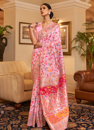 Opulent Pink Color Handllom Silk Contemporary KASHMIRI Saree