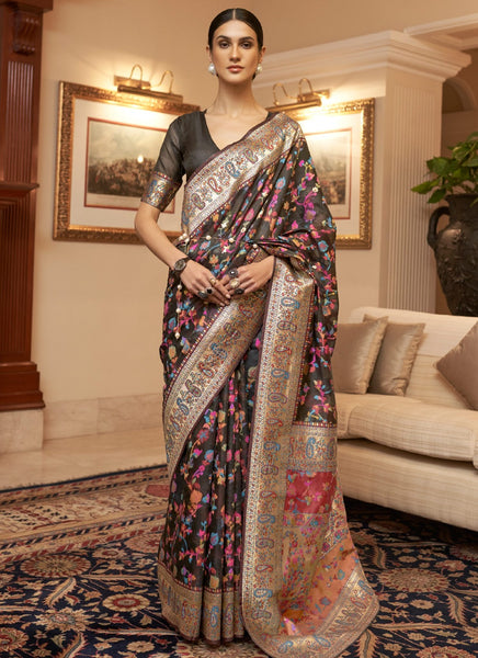 Amazing Black Color KASHMIRI Woven Enhanced Trendy Saree
