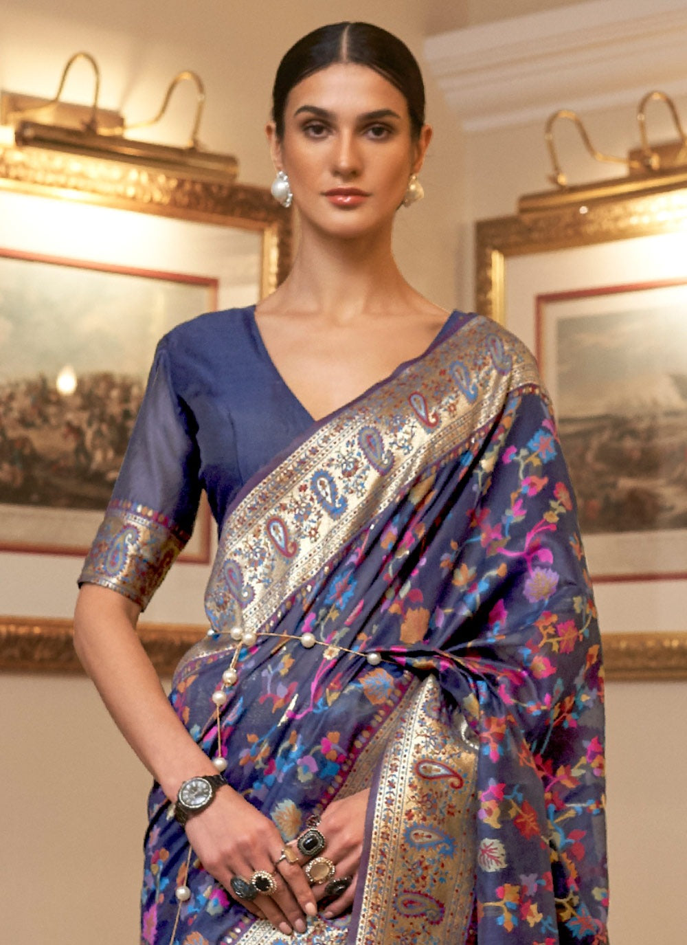 Exquisite Navy Blue Color Designer Contemporary KASHMIRI Saree